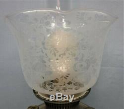 Vtg Banquet Parlor Oil Lamp Nickel Metal Round Etched Shade Tall Hurricane Elec