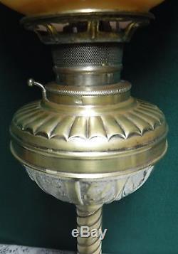 Vtg Brass Parlor Banquet Piano GWTW Oil Lamp Hand Painted Lion Head Globe Shade