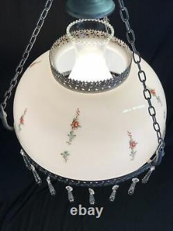 Vtg Hanging Oil Lamp Floral Roses Glass Shade Red Blue Silver White Victorian