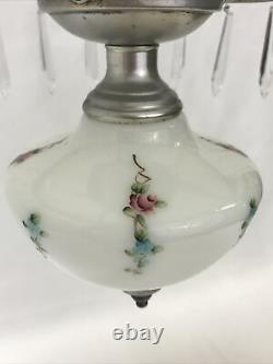 Vtg Hanging Oil Lamp Floral Roses Glass Shade Red Blue Silver White Victorian