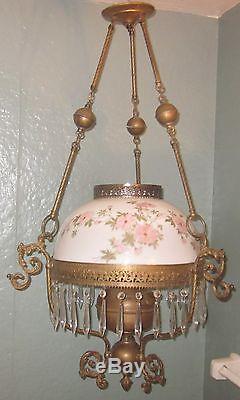 Vtg Victorian Style John Scott Hanging Library Oil Lamp with Rose Shade, Prisms
