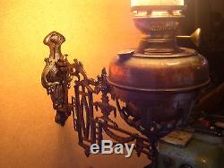 Working Art Nouveau Kerosene Oil Caravan Lamp With Shade Cast Iron Wall Bracket