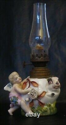 Winged Boy & Bunny Antique Victorian Miniature Figural Miniature Oil Lamp MINT