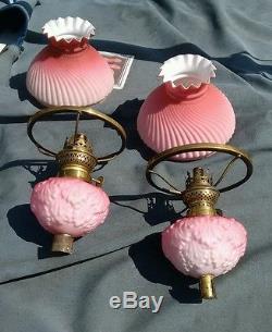 Wonderful Pair of Antique Cranberry Satin Glass Peg Oil Lamps and Shades