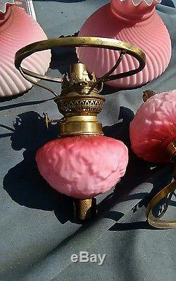 Wonderful Pair of Antique Cranberry Satin Glass Peg Oil Lamps and Shades