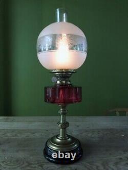 Working antique Youngs Special duplex oil lamp, rare faceted reservoir, complete