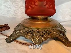 X-LARGE Antique Victorian RUBY RED GLASS MILLER Kerosene Oil Lamp Banquet GWTW