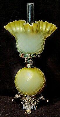 Yellow Mother of Pearl Diamond Optic Air Trap miniature Victorian Oil Lamp RARE