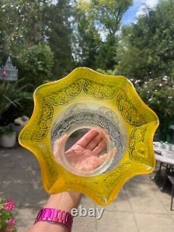 Yellow antique acid etched wavy top tulip oil lamp shade