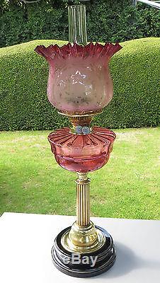 Youngs Art Nouveau Duplex Oil Lamp with Beautiful Cranberry Etched Shade