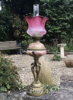 Zsolnay Antique Oil Lamp Persian Style Cranberry Satin Glass Oil Lamp Shade RARE
